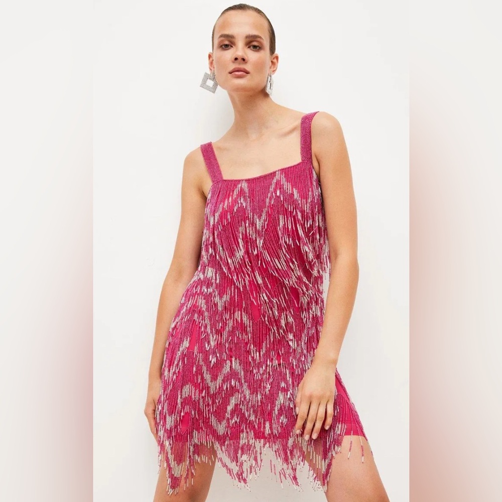 KAREN MILLEN Square Neck Embellished Fringed Mini Dress Size US 2